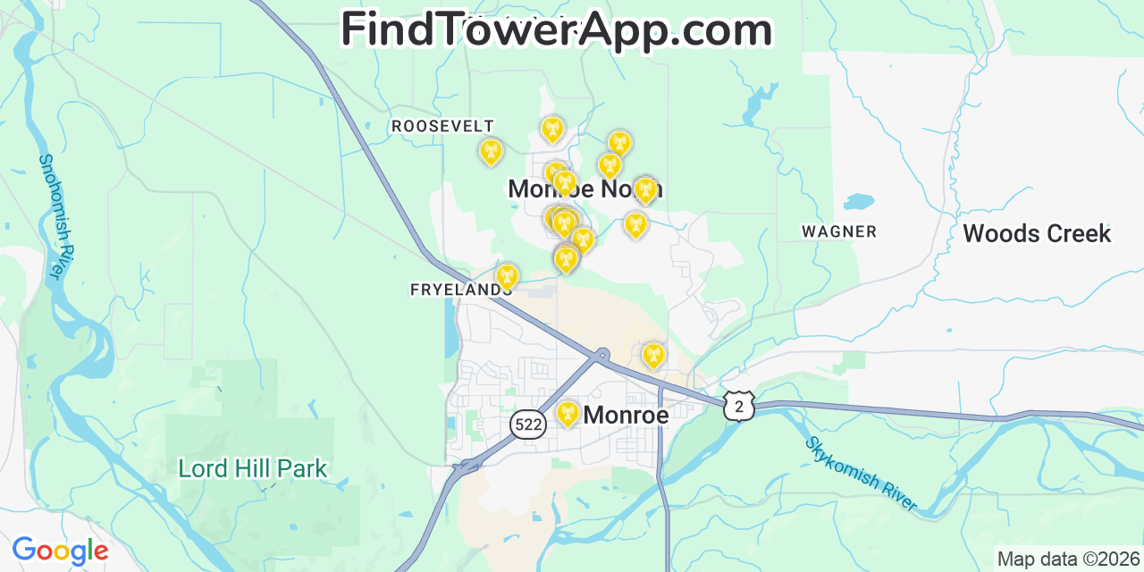 Map showing the 20 primary cell tower locations detected in Monroe North, Washington from AT&T, Verizon, and T-Mobile networks