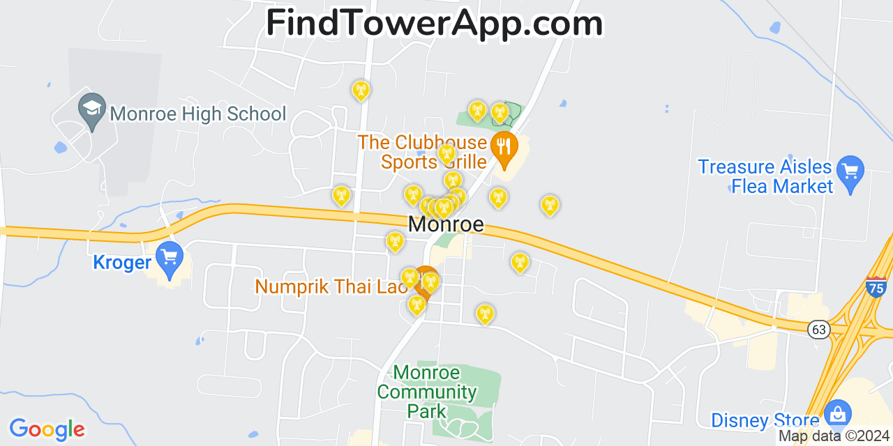 AT&T 4G/5G cell tower coverage map Monroe, Ohio