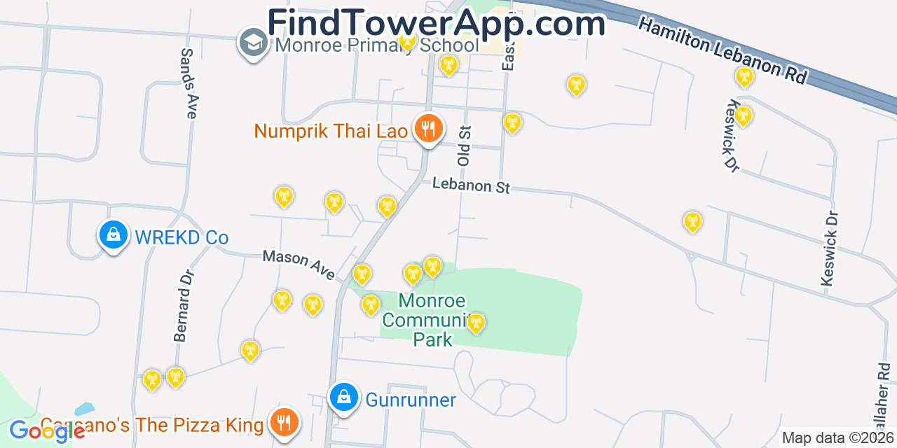 Map showing the 20 primary cell tower locations detected in Monroe, Ohio from AT&T, Verizon, and T-Mobile networks