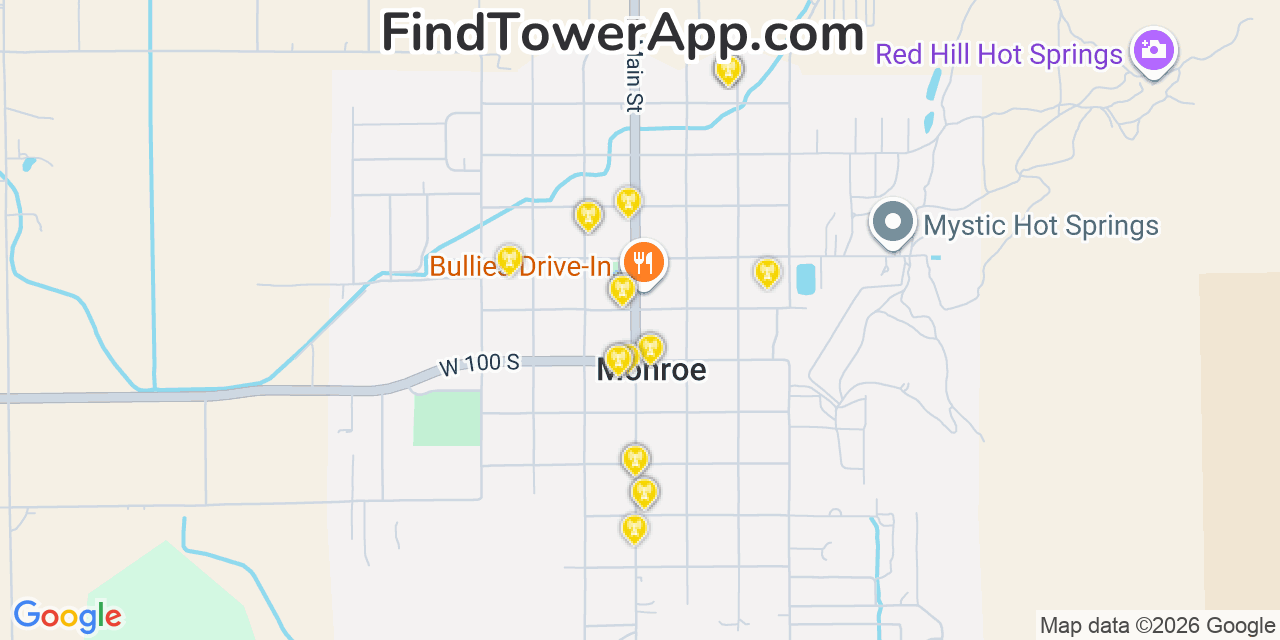 Map showing the 20 primary cell tower locations detected in Monroe, Utah from AT&T, Verizon, and T-Mobile networks