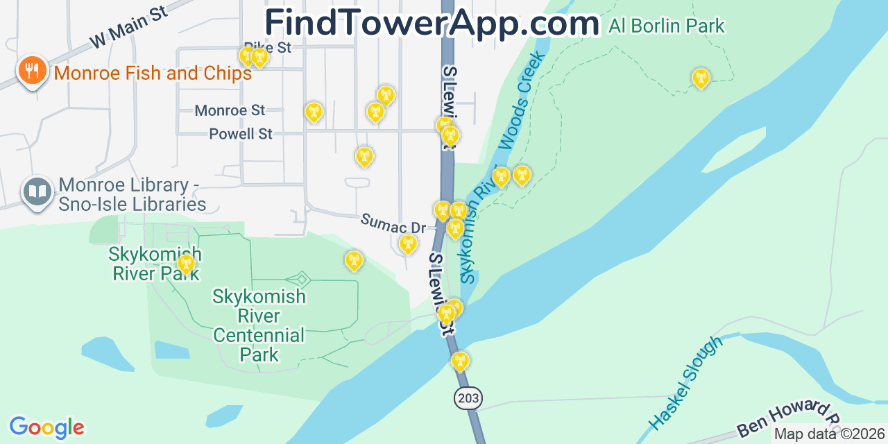 Map showing the 20 primary cell tower locations detected in Monroe, Washington from AT&T, Verizon, and T-Mobile networks