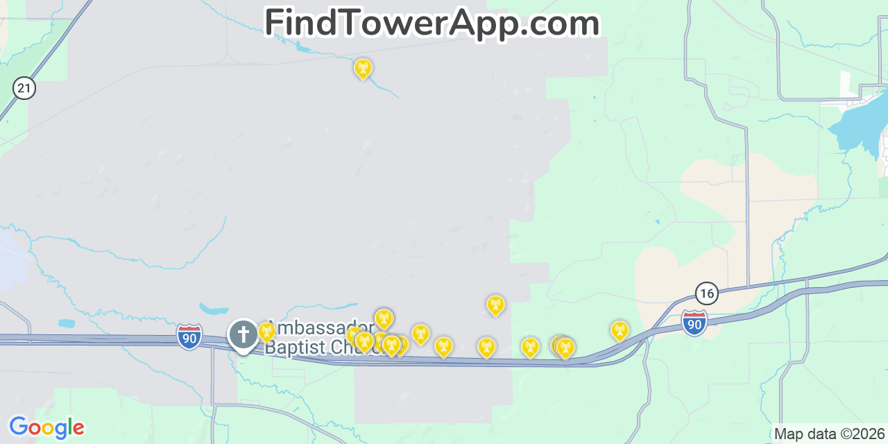 Map showing the 20 primary cell tower locations detected in Monroe, Wisconsin from AT&T, Verizon, and T-Mobile networks
