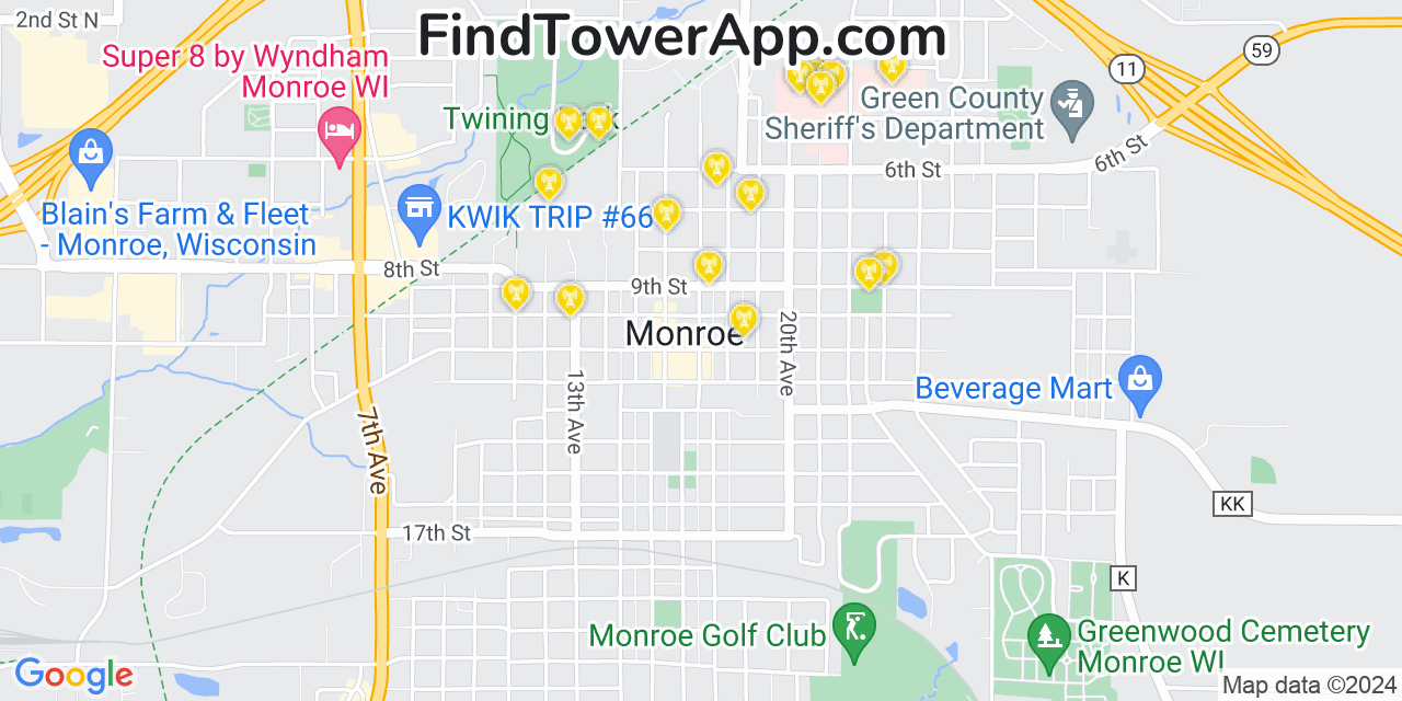 T-Mobile 4G/5G cell tower coverage map Monroe, Wisconsin