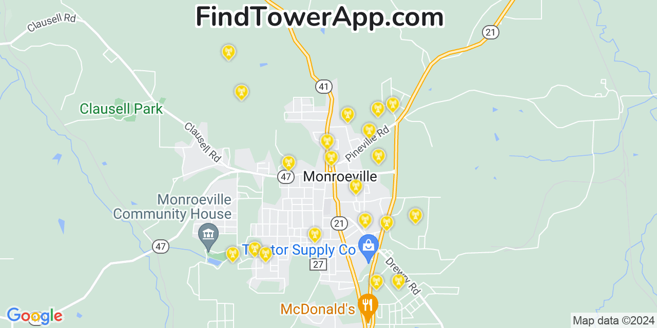 AT&T 4G/5G cell tower coverage map Monroeville, Alabama
