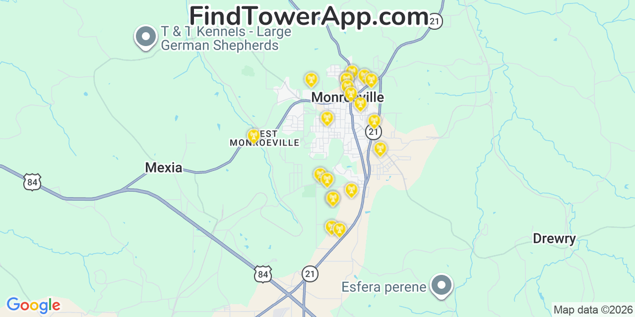 Map showing the 20 primary cell tower locations detected in Monroeville, Alabama from AT&T, Verizon, and T-Mobile networks