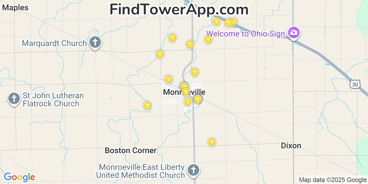 Map showing the 20 primary cell tower locations detected in Monroeville, Indiana from AT&T, Verizon, and T-Mobile networks