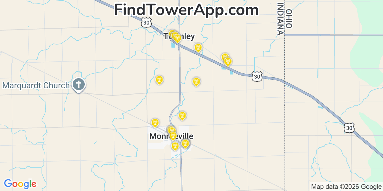 Map showing the 20 primary cell tower locations detected in Monroeville, Indiana from AT&T, Verizon, and T-Mobile networks