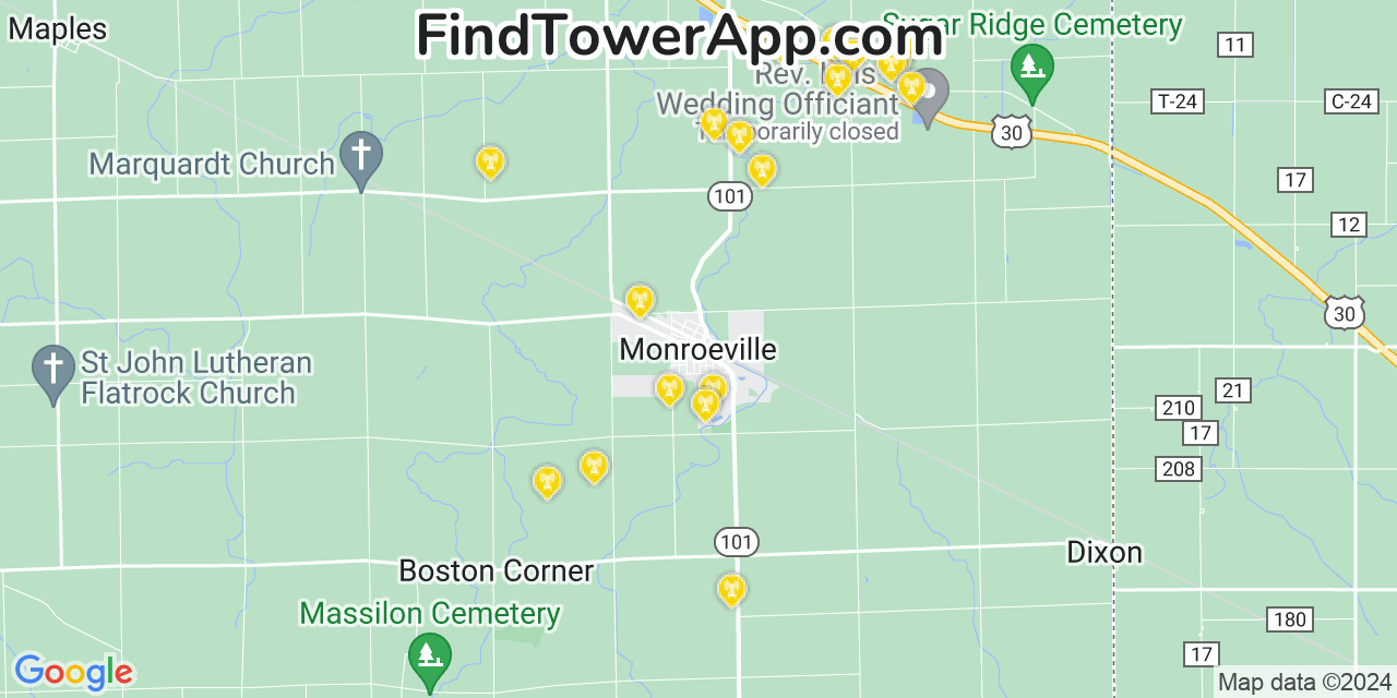 Verizon 4G/5G cell tower coverage map Monroeville, Indiana