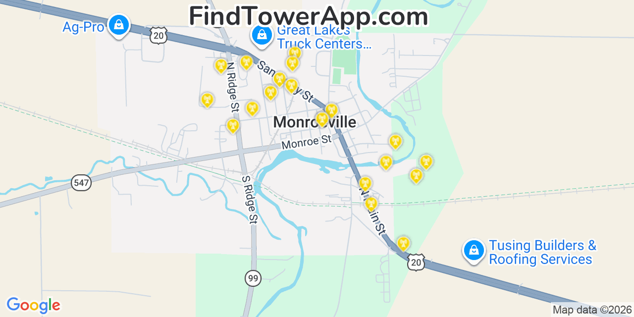 Map showing the 20 primary cell tower locations detected in Monroeville, Ohio from AT&T, Verizon, and T-Mobile networks