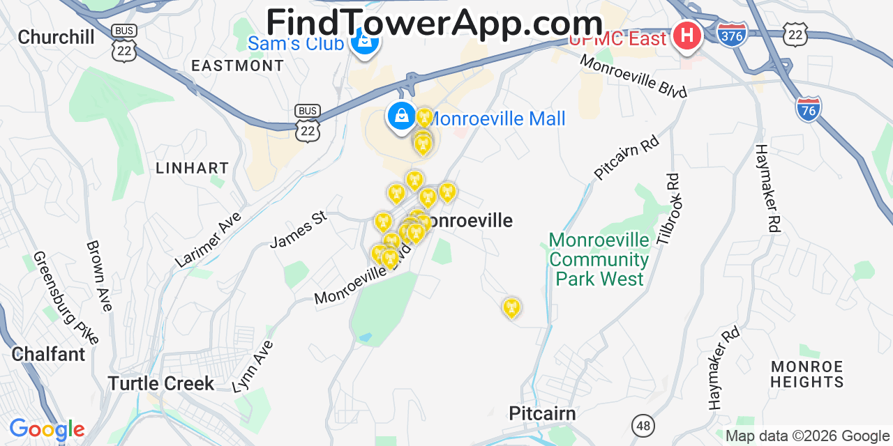 Map showing the 20 primary cell tower locations detected in Monroeville, Pennsylvania from AT&T, Verizon, and T-Mobile networks