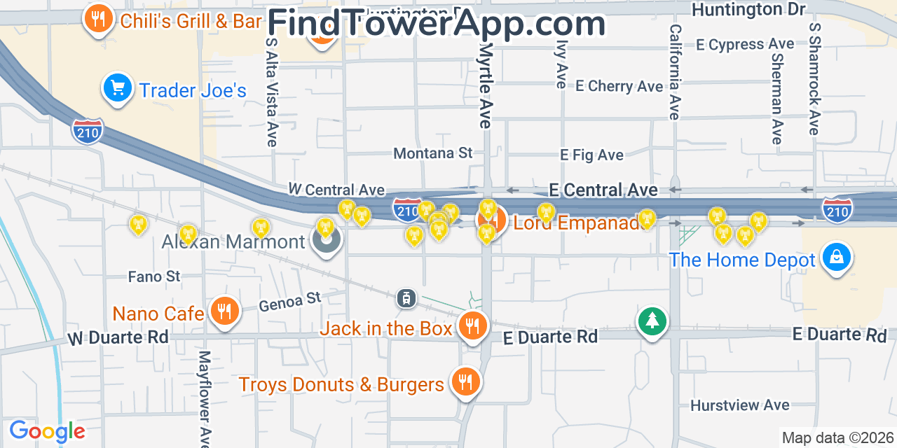 Map showing the 20 primary cell tower locations detected in Monrovia, California from AT&T, Verizon, and T-Mobile networks