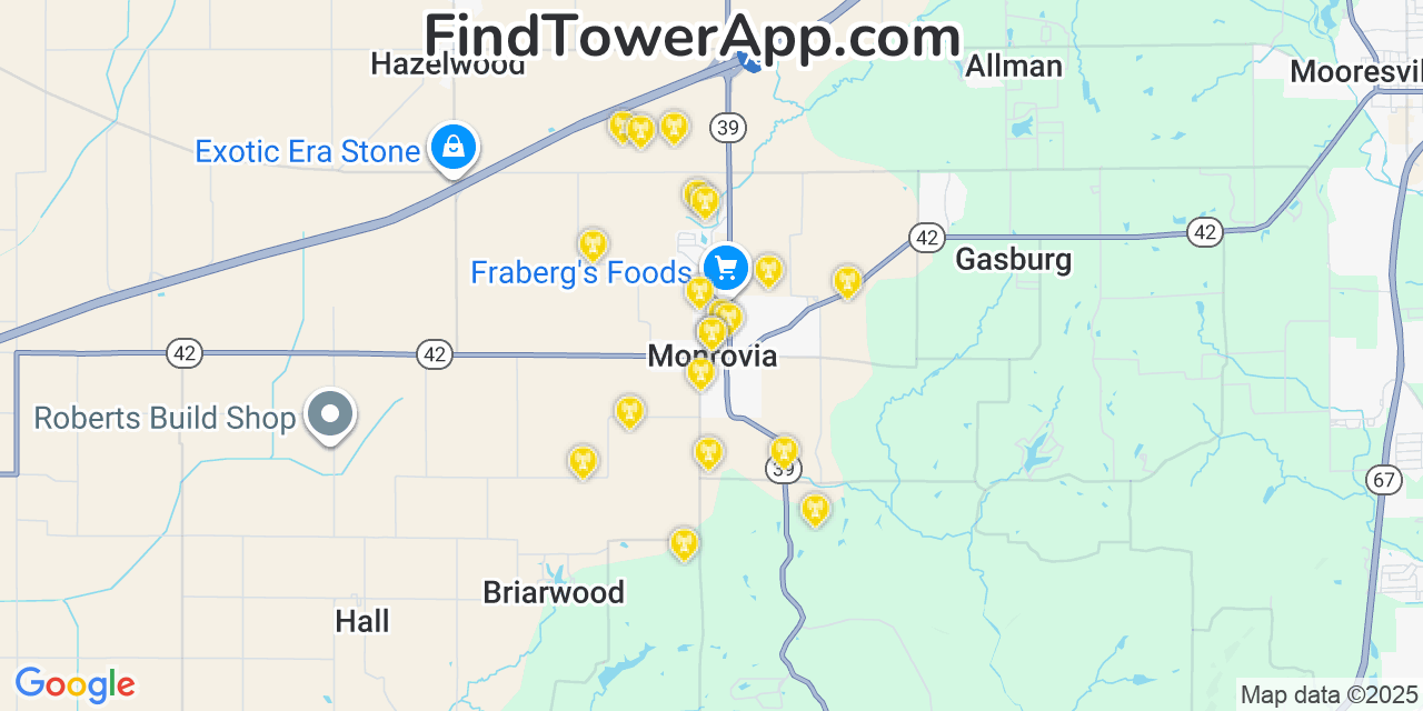 Map showing the 20 primary cell tower locations detected in Monrovia, Indiana from AT&T, Verizon, and T-Mobile networks