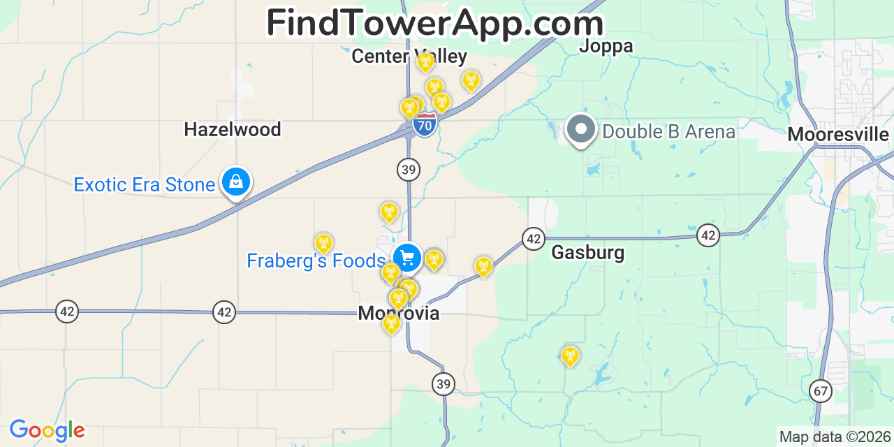 Map showing the 20 primary cell tower locations detected in Monrovia, Indiana from AT&T, Verizon, and T-Mobile networks