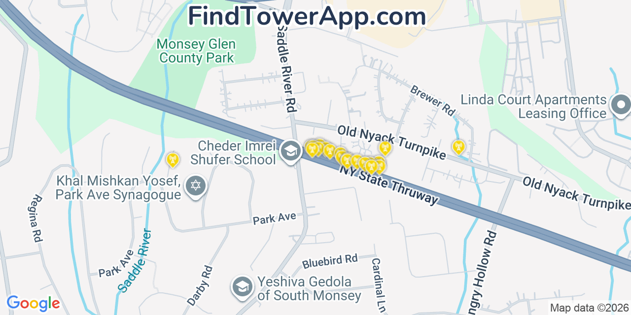Map showing the 20 primary cell tower locations detected in Monsey, New York from AT&T, Verizon, and T-Mobile networks