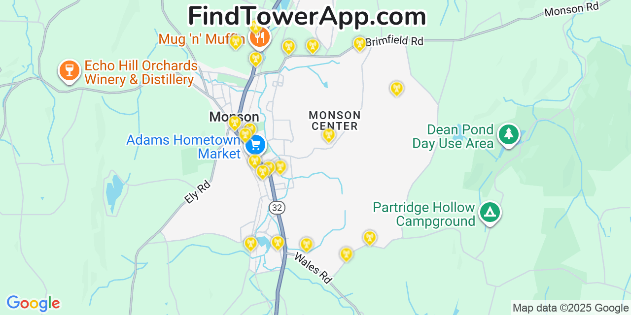 Map showing the 20 primary cell tower locations detected in Monson Center, Massachusetts from AT&T, Verizon, and T-Mobile networks