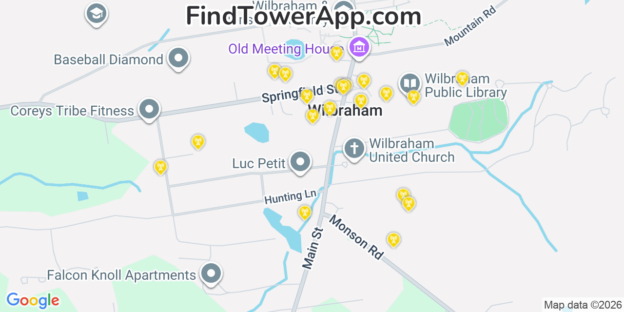 Map showing the 20 primary cell tower locations detected in Monson Center, Massachusetts from AT&T, Verizon, and T-Mobile networks