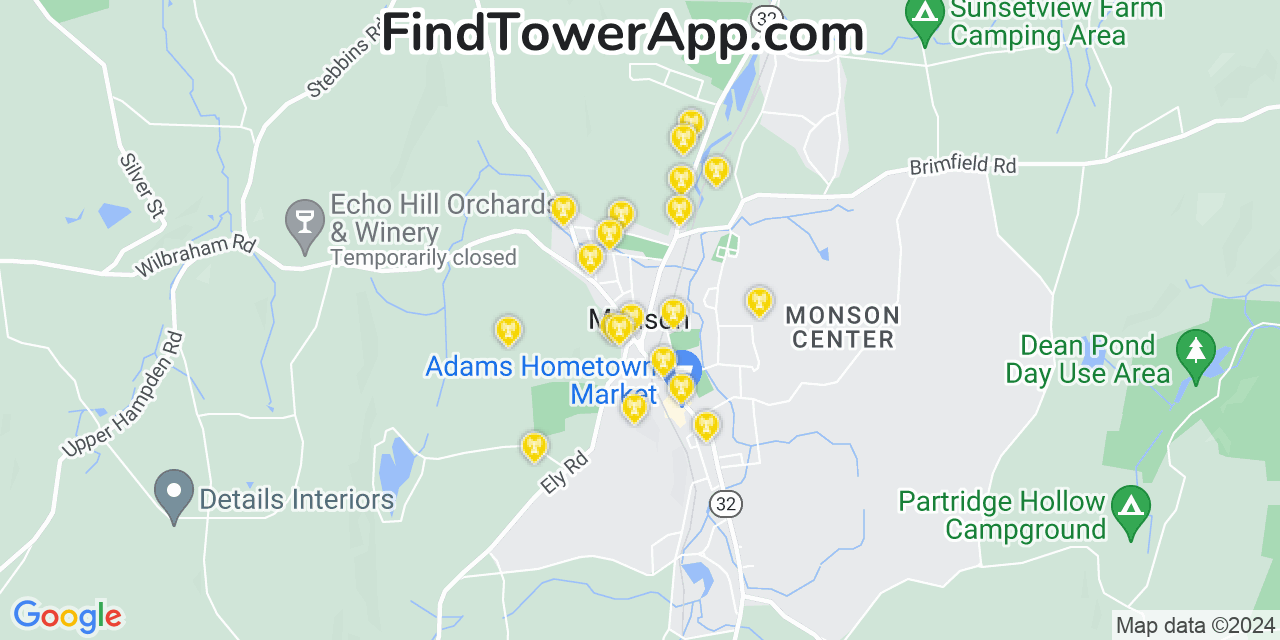 AT&T 4G/5G cell tower coverage map Monson, Massachusetts