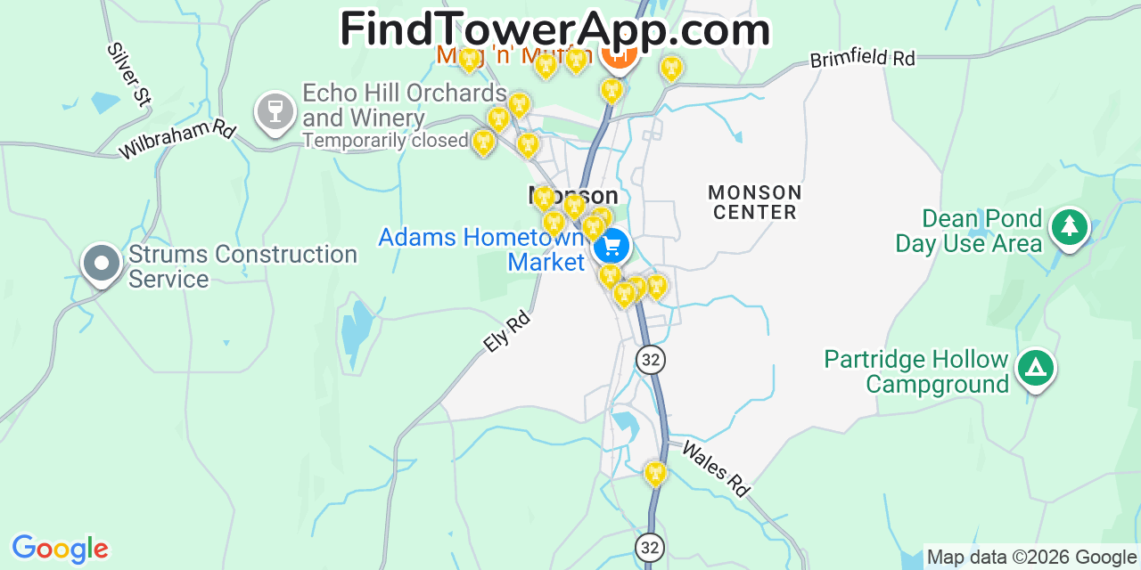 Map showing the 20 primary cell tower locations detected in Monson, Massachusetts from AT&T, Verizon, and T-Mobile networks