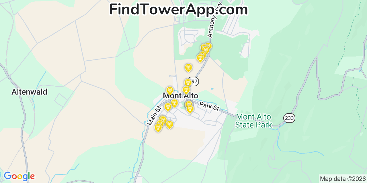 Map showing the 20 primary cell tower locations detected in Mont Alto, Pennsylvania from AT&T, Verizon, and T-Mobile networks