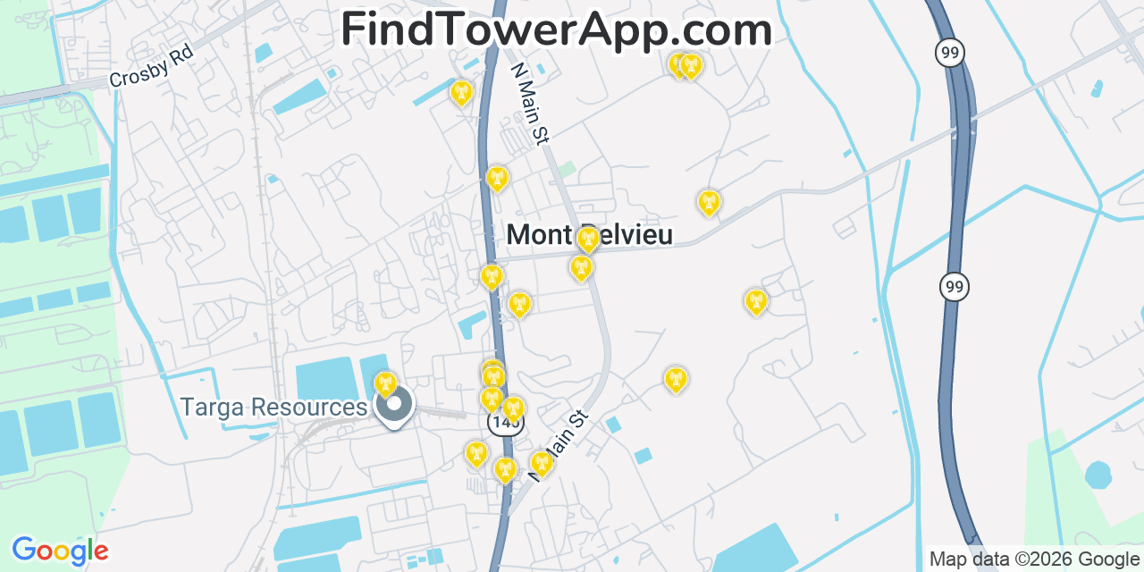 Map showing the 20 primary cell tower locations detected in Mont Belvieu, Texas from AT&T, Verizon, and T-Mobile networks