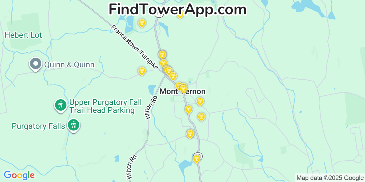 Map showing the 20 primary cell tower locations detected in Mont Vernon, New Hampshire from AT&T, Verizon, and T-Mobile networks