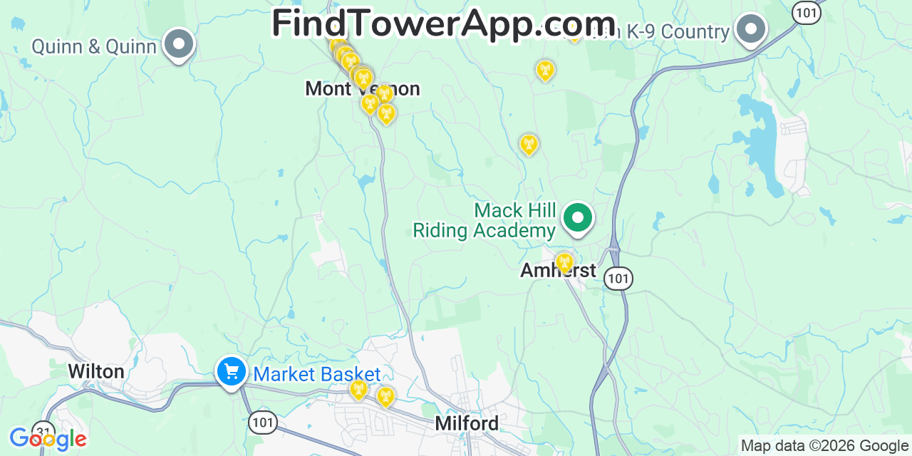 Map showing the 20 primary cell tower locations detected in Mont Vernon, New Hampshire from AT&T, Verizon, and T-Mobile networks