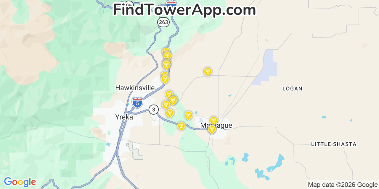 Map showing the 20 primary cell tower locations detected in Montague, California from AT&T, Verizon, and T-Mobile networks