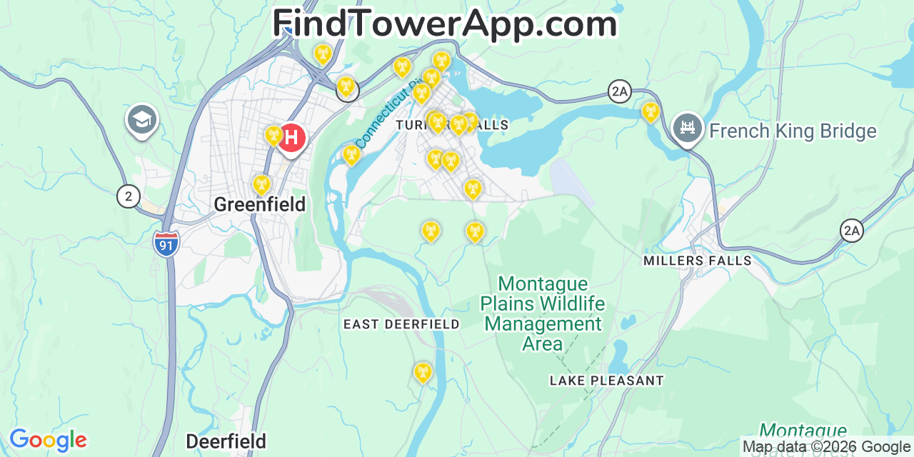 Map showing the 20 primary cell tower locations detected in Montague, Massachusetts from AT&T, Verizon, and T-Mobile networks