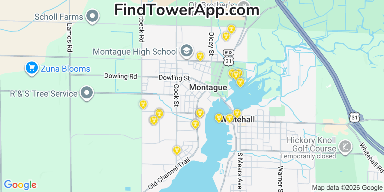 Map showing the 20 primary cell tower locations detected in Montague, Michigan from AT&T, Verizon, and T-Mobile networks