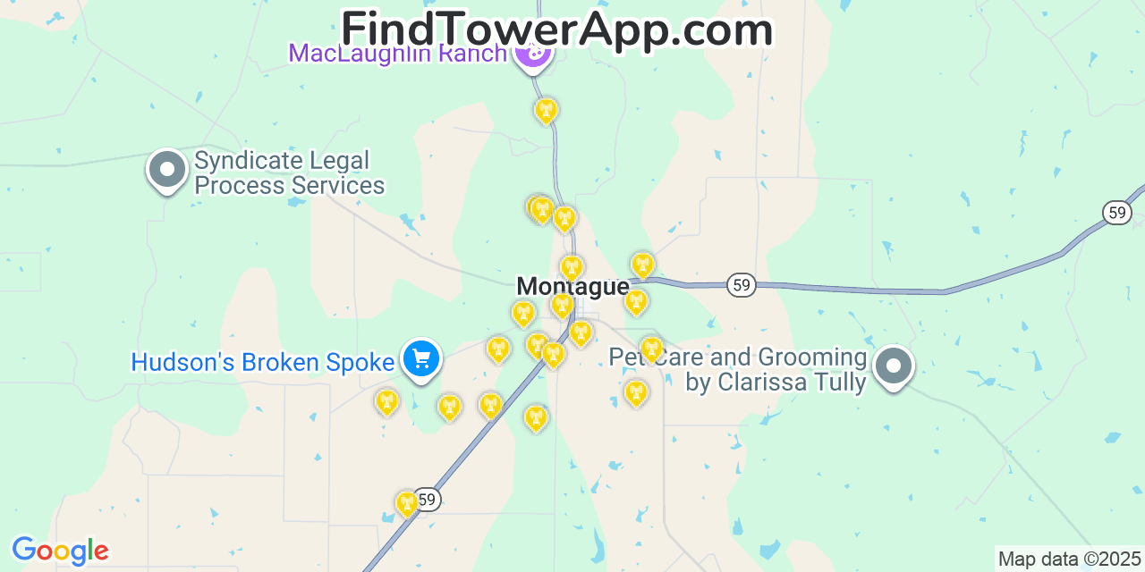 Map showing the 20 primary cell tower locations detected in Montague, Texas from AT&T, Verizon, and T-Mobile networks