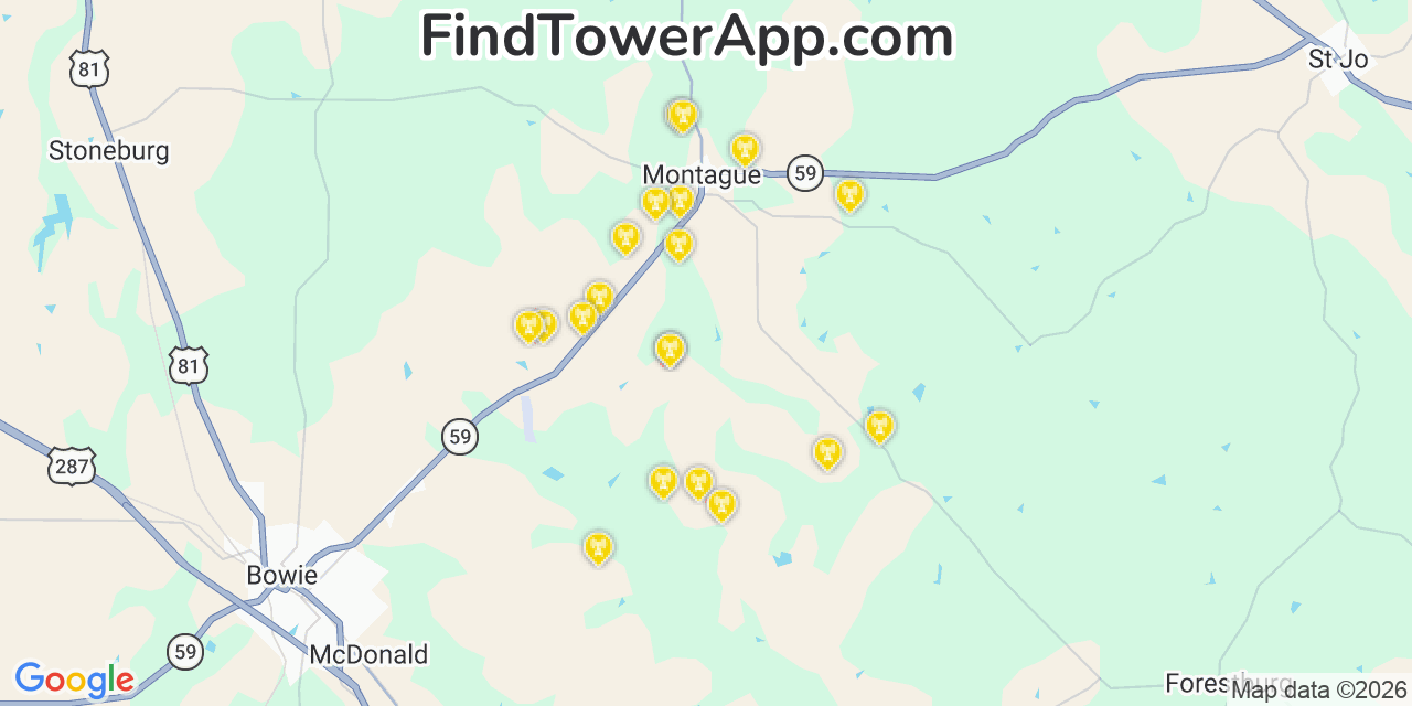 Map showing the 20 primary cell tower locations detected in Montague, Texas from AT&T, Verizon, and T-Mobile networks