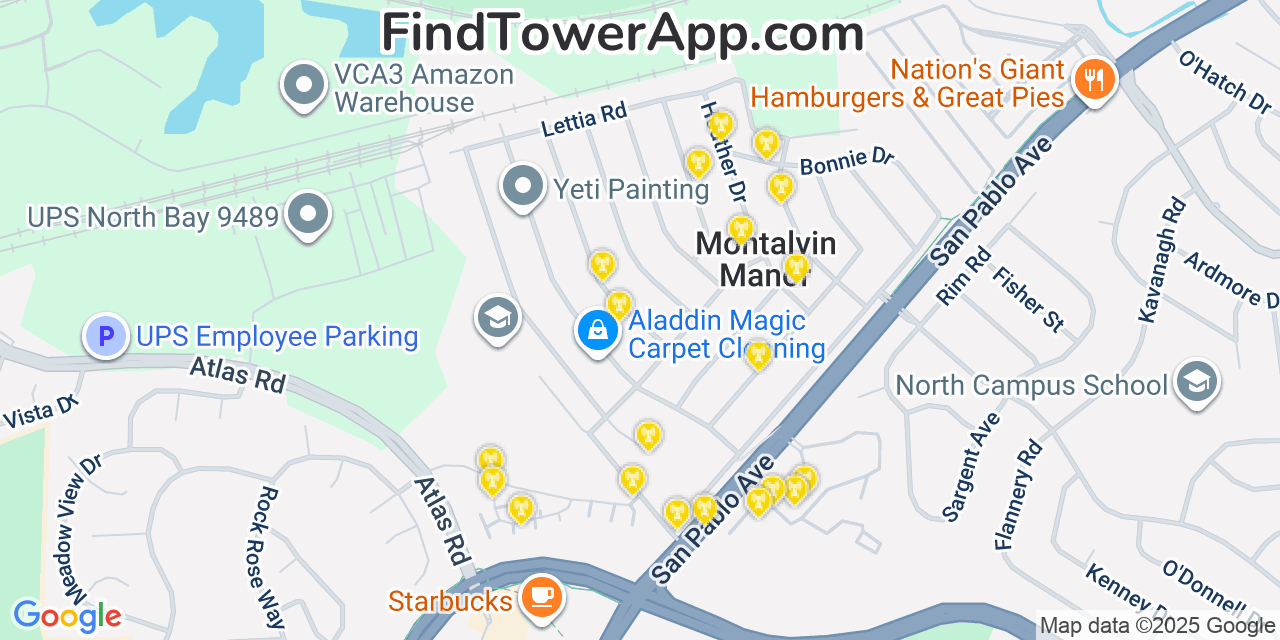 Map showing the 20 primary cell tower locations detected in Montalvin, California from AT&T, Verizon, and T-Mobile networks