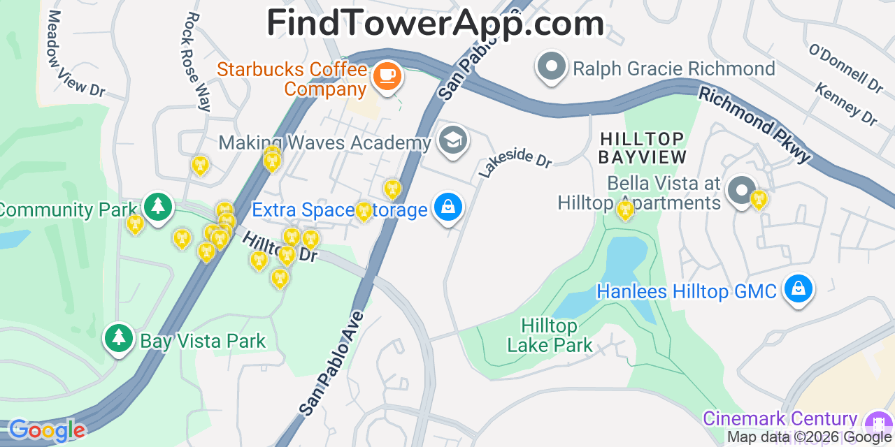 Map showing the 20 primary cell tower locations detected in Montalvin, California from AT&T, Verizon, and T-Mobile networks
