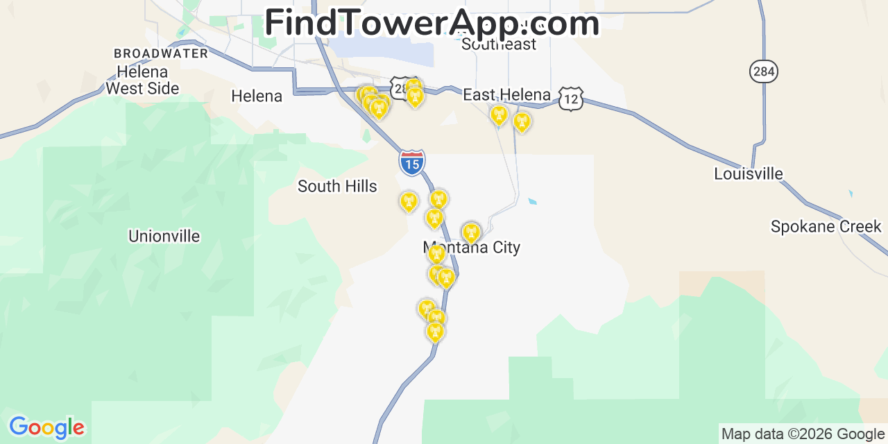 Map showing the 20 primary cell tower locations detected in Montana City, Montana from AT&T, Verizon, and T-Mobile networks