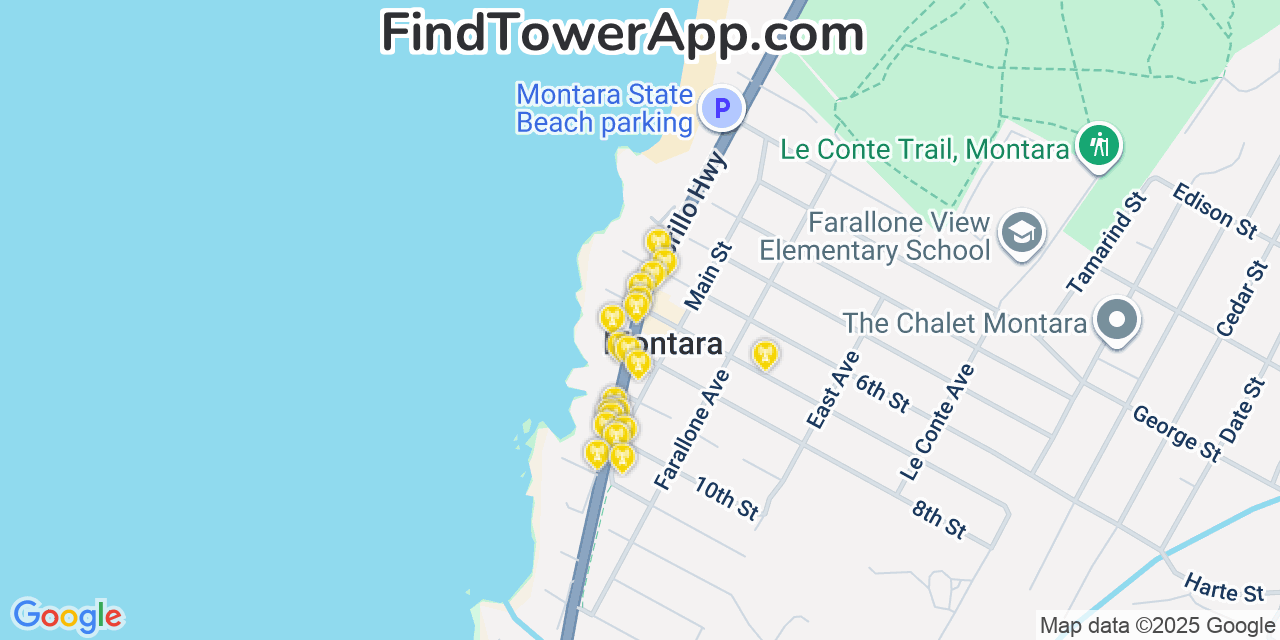 Map showing the 20 primary cell tower locations detected in Montara, California from AT&T, Verizon, and T-Mobile networks