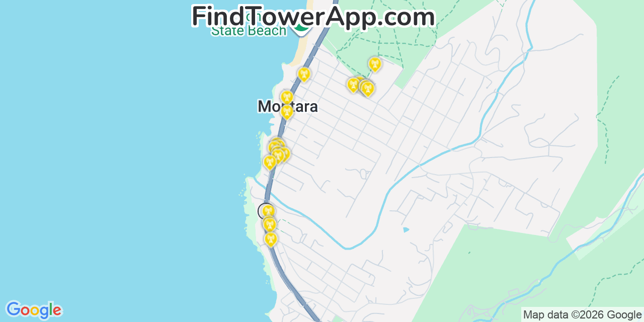 Map showing the 20 primary cell tower locations detected in Montara, California from AT&T, Verizon, and T-Mobile networks