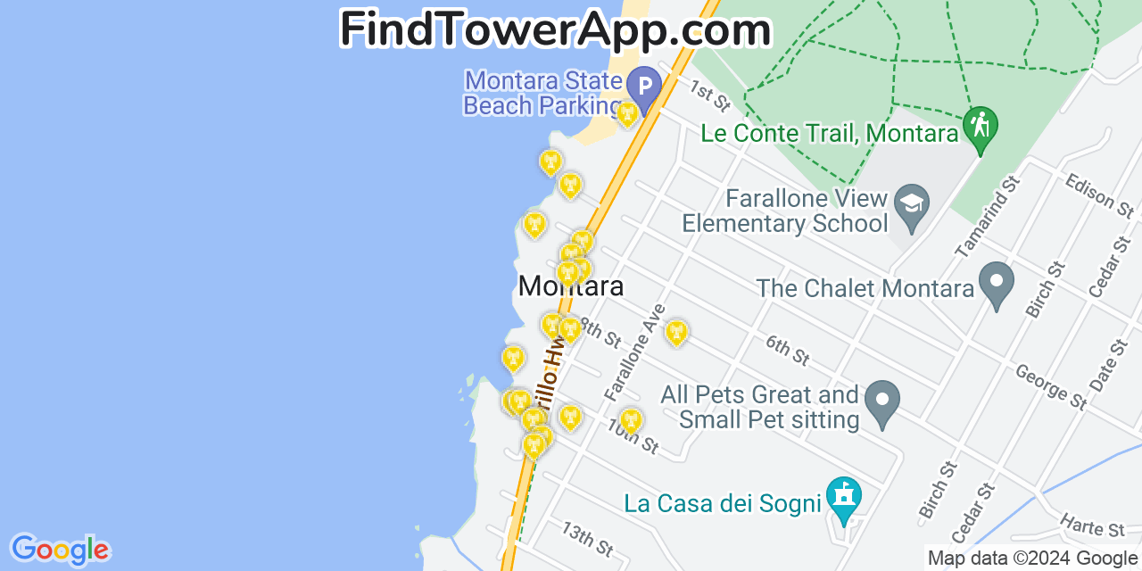 Verizon 4G/5G cell tower coverage map Montara, California