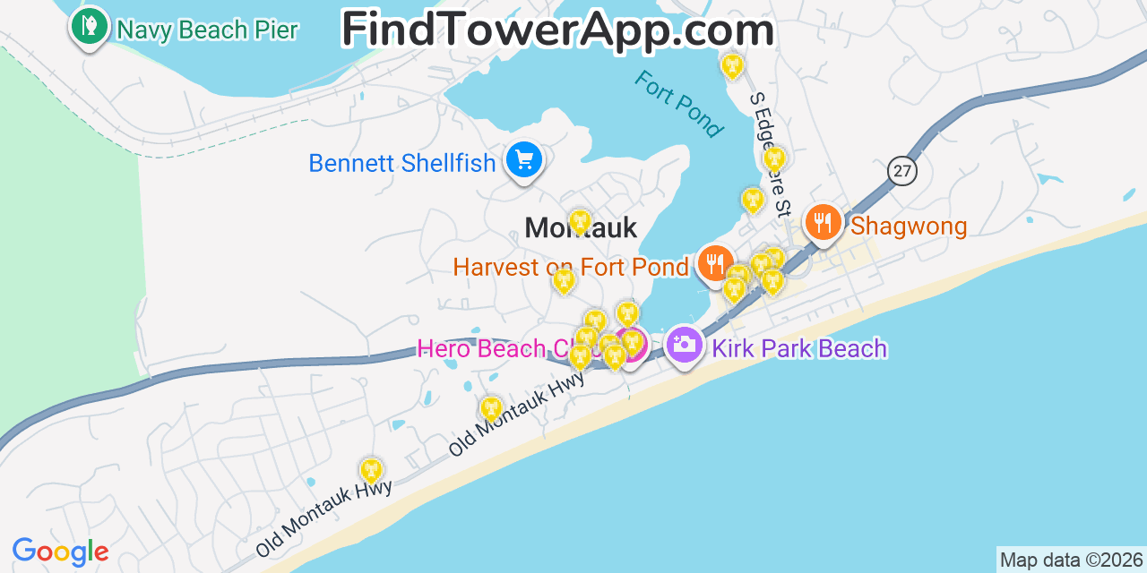 Map showing the 20 primary cell tower locations detected in Montauk, New York from AT&T, Verizon, and T-Mobile networks