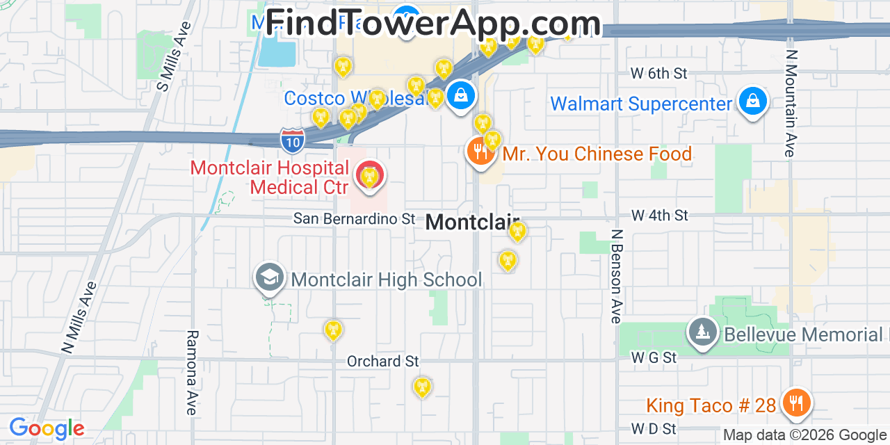 Map showing the 20 primary cell tower locations detected in Montclair, California from AT&T, Verizon, and T-Mobile networks
