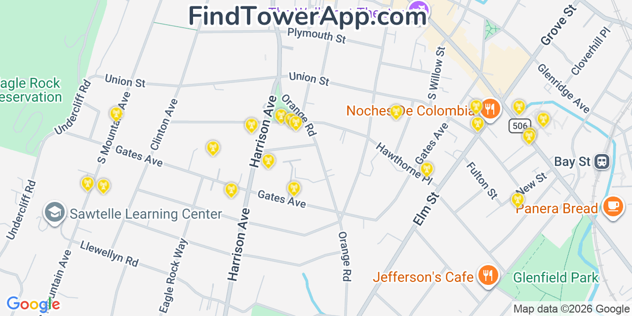 Map showing the 20 primary cell tower locations detected in Montclair, New Jersey from AT&T, Verizon, and T-Mobile networks