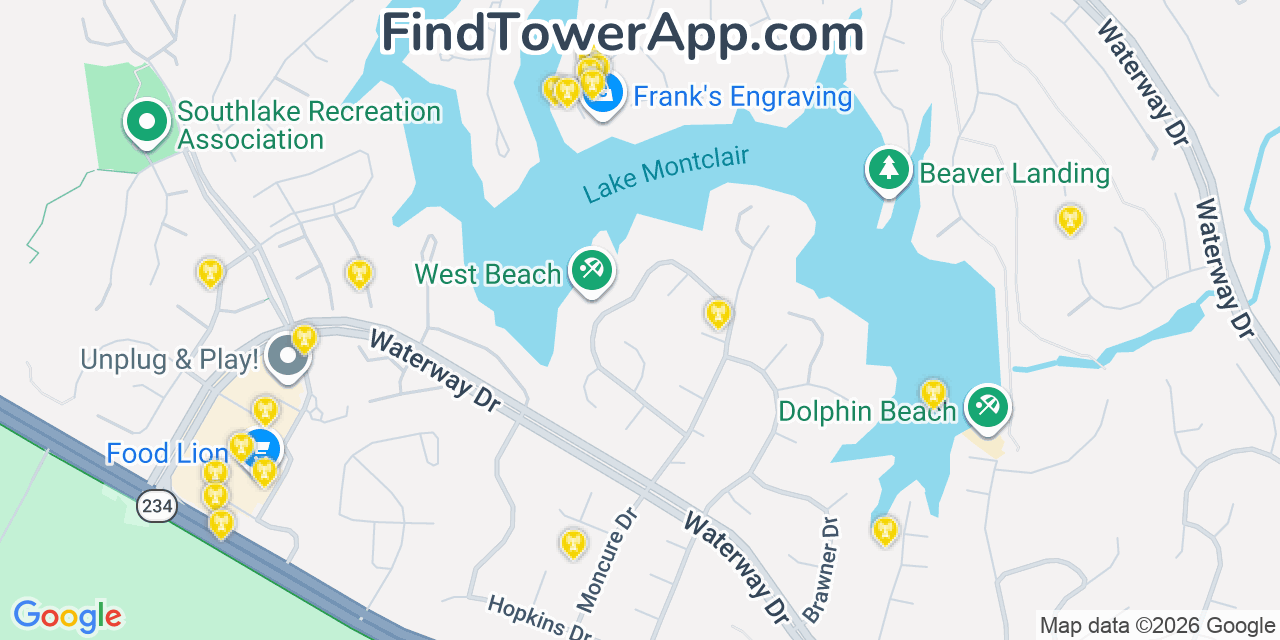 Map showing the 20 primary cell tower locations detected in Montclair, Virginia from AT&T, Verizon, and T-Mobile networks