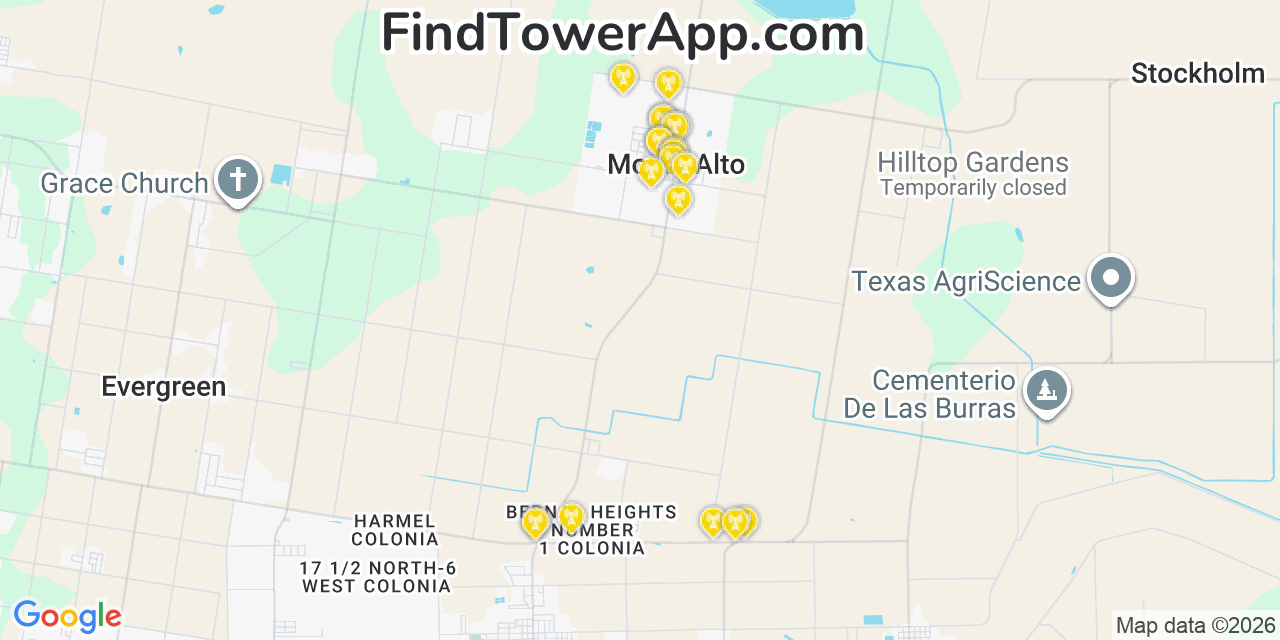 Map showing the 20 primary cell tower locations detected in Monte Alto, Texas from AT&T, Verizon, and T-Mobile networks