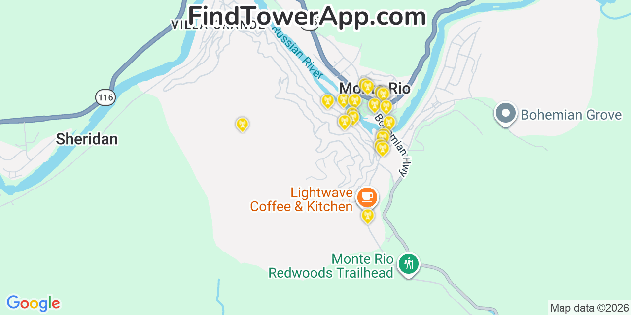 Map showing the 20 primary cell tower locations detected in Monte Rio, California from AT&T, Verizon, and T-Mobile networks