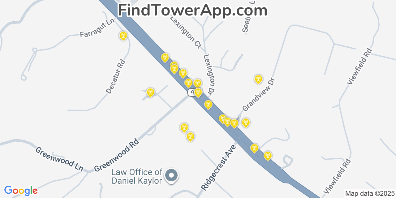 Map showing the 20 primary cell tower locations detected in Monte Sereno, California from AT&T, Verizon, and T-Mobile networks