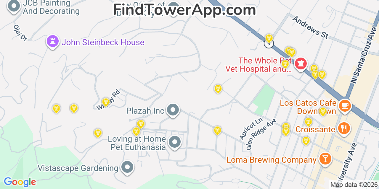 Map showing the 20 primary cell tower locations detected in Monte Sereno, California from AT&T, Verizon, and T-Mobile networks