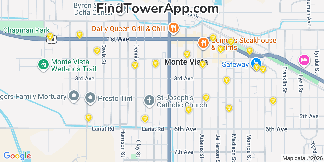 Map showing the 20 primary cell tower locations detected in Monte Vista, Colorado from AT&T, Verizon, and T-Mobile networks