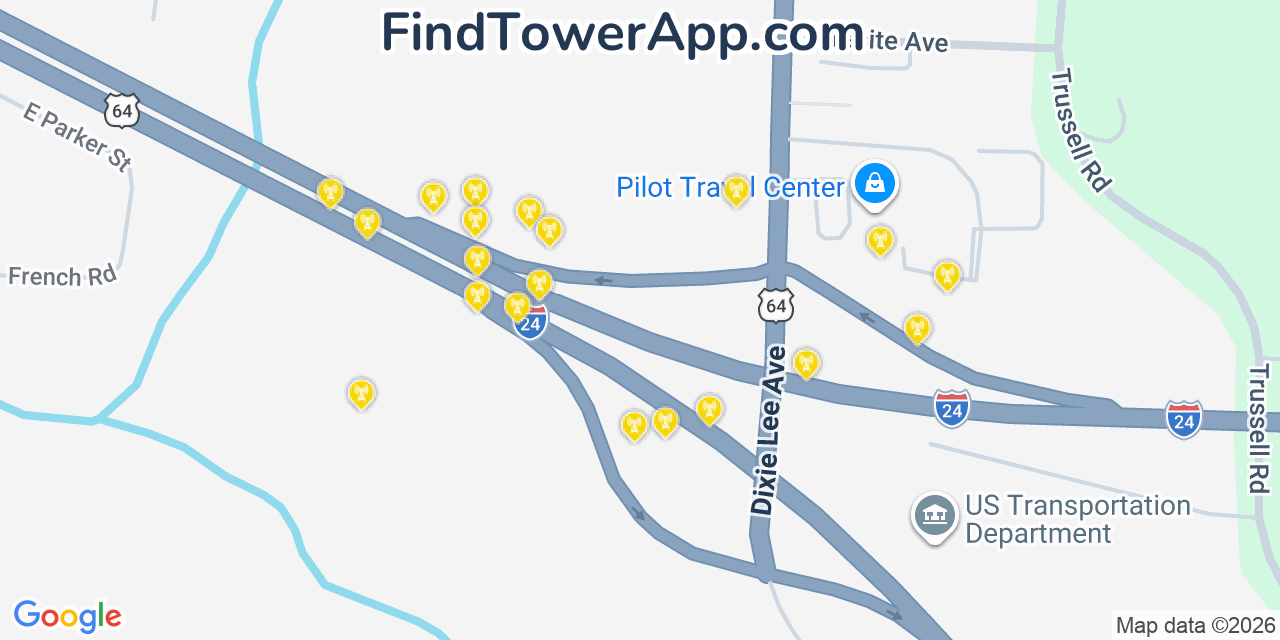 Map showing the 20 primary cell tower locations detected in Monteagle, Tennessee from AT&T, Verizon, and T-Mobile networks