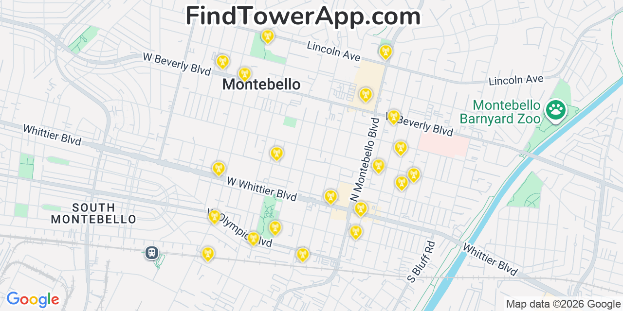Map showing the 20 primary cell tower locations detected in Montebello, California from AT&T, Verizon, and T-Mobile networks