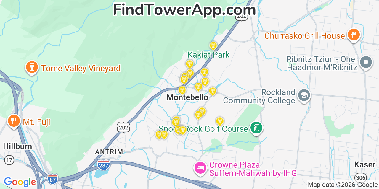 Map showing the 20 primary cell tower locations detected in Montebello, New York from AT&T, Verizon, and T-Mobile networks