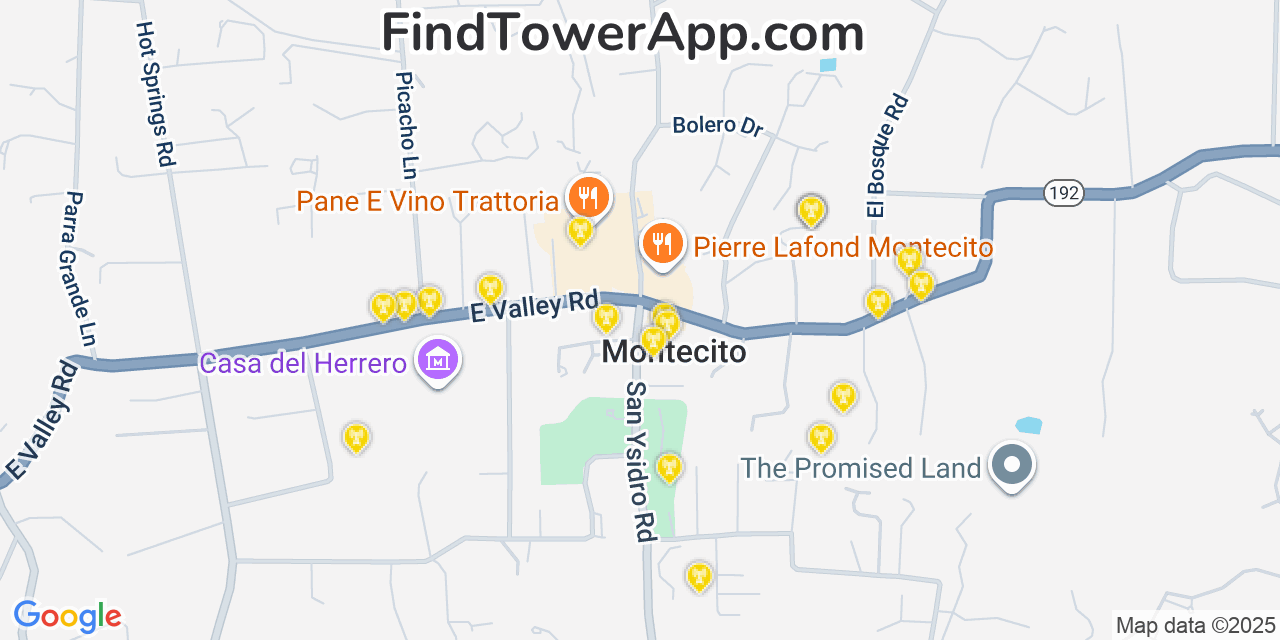 Map showing the 20 primary cell tower locations detected in Montecito, California from AT&T, Verizon, and T-Mobile networks